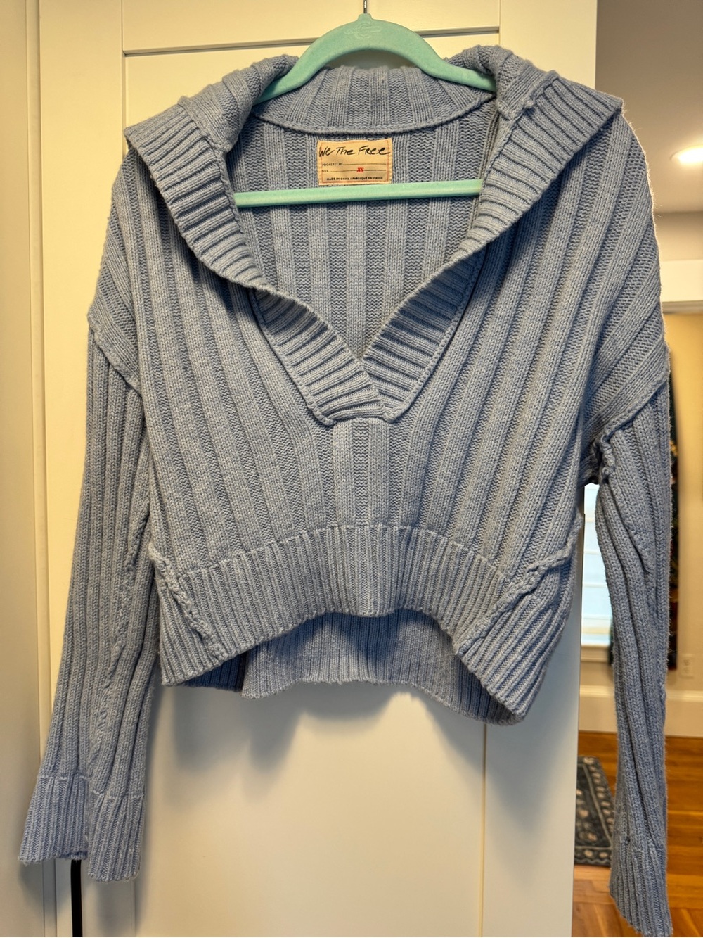 We The Free Pale Blue Ribbed Cropped Cowl Sweater